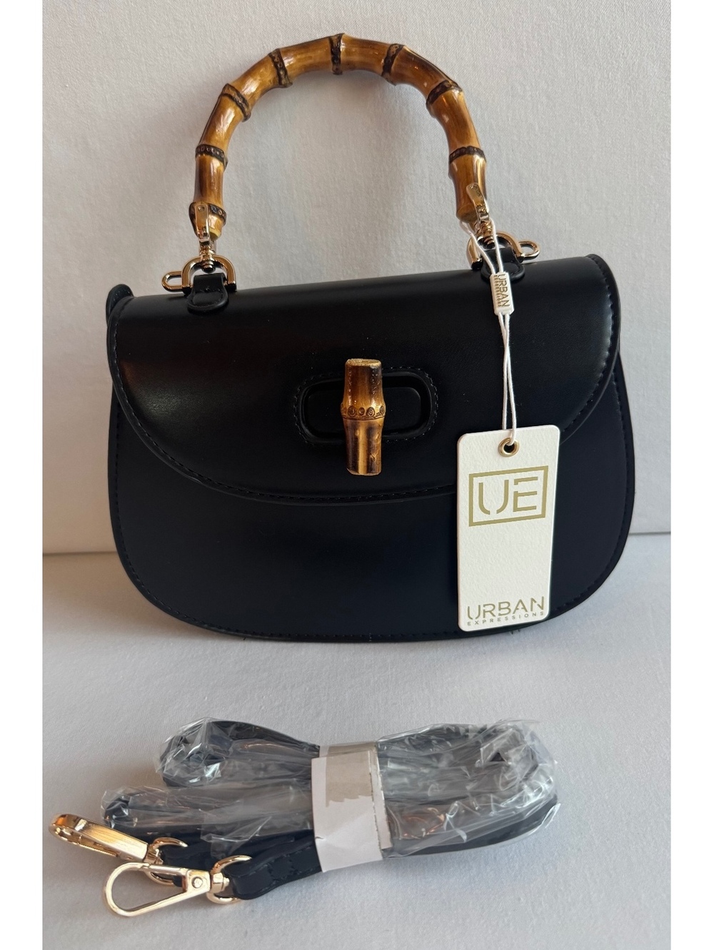 Urban Expressions Black Bamboo Handle Bag NWT Vegan Leather Shoulder Crossbody